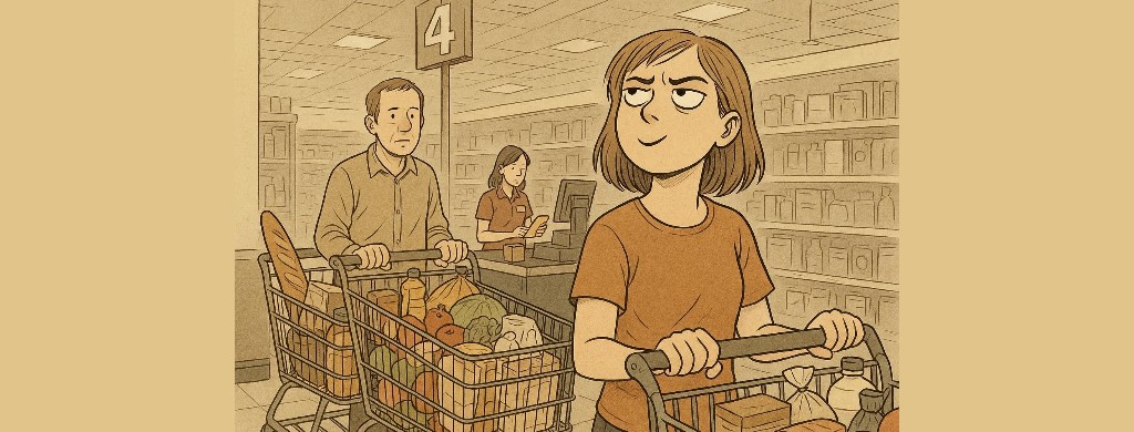 Eine Frau steht an der Supermarktkasse in der falschen Schlange