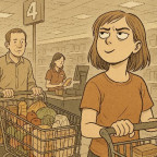 Eine Frau steht an der Supermarktkasse in der falschen Schlange